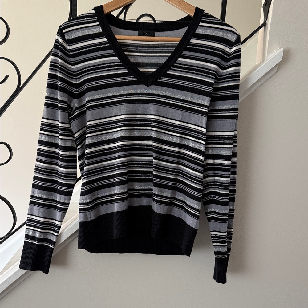 F&F Black, Gray & Silver Metalic Striped V-Neck Sweater